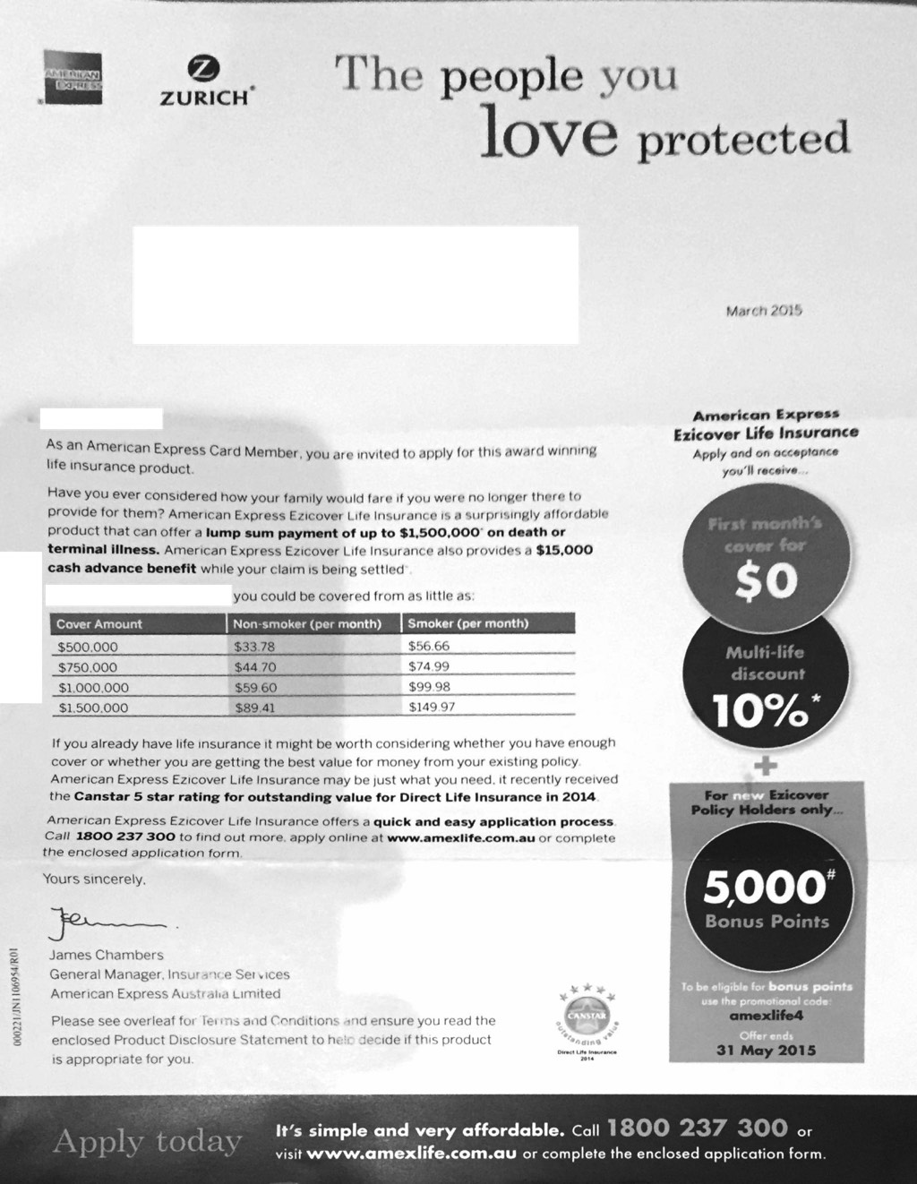 Amex 5000 point bonus for Life Insurance March 2015