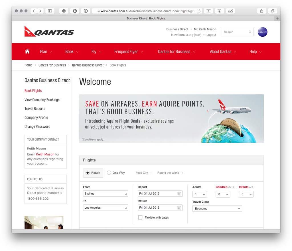 Qantas Aquire Booking Page
