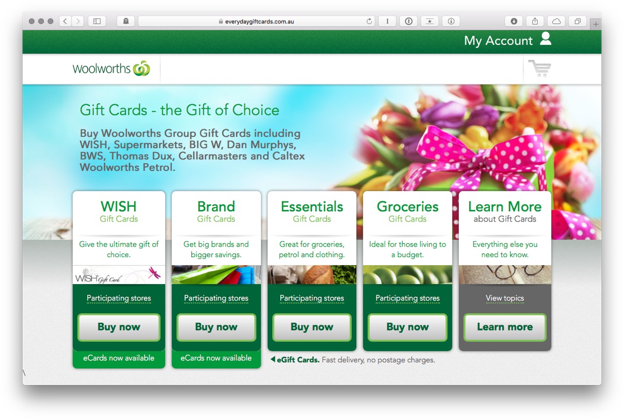 Woolworths gift cards choices