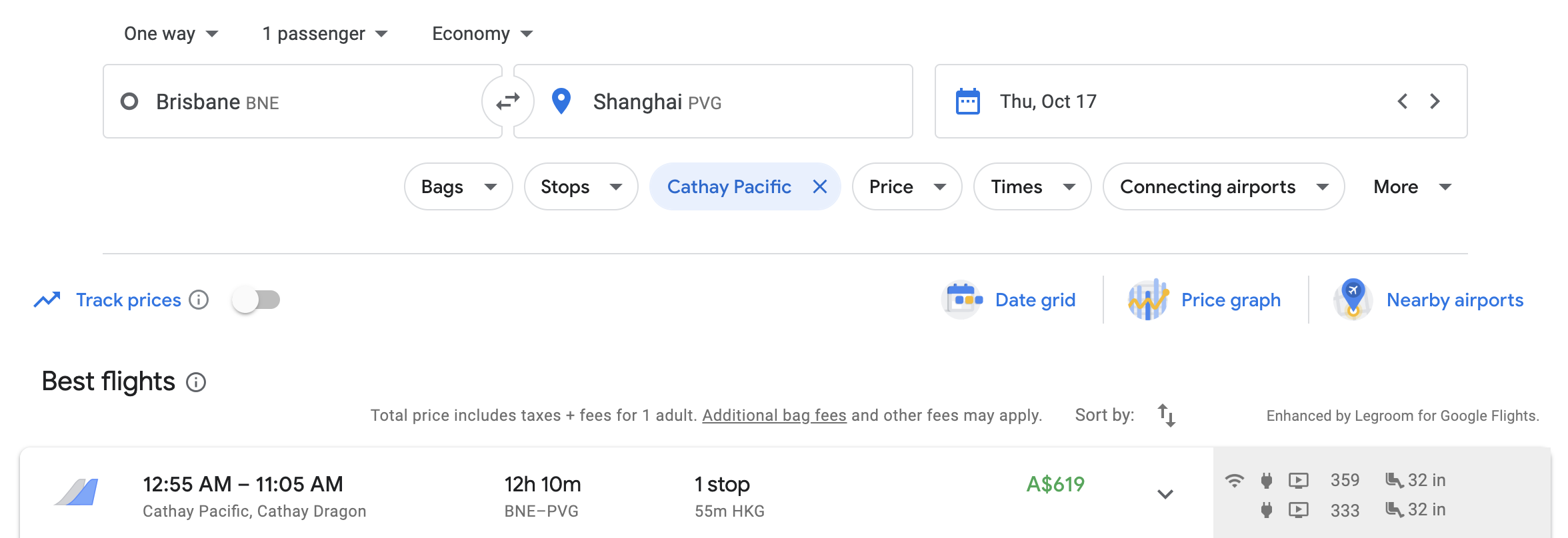 Google Flights search Brisbane to Shanghai
