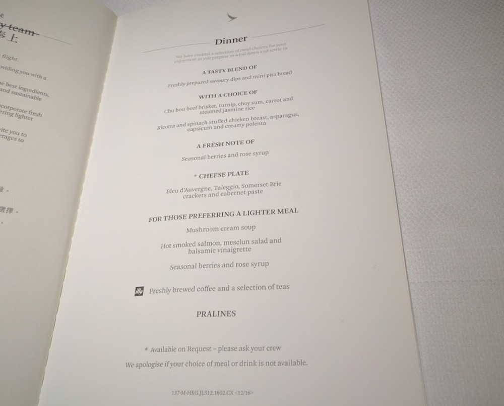 Cathay Pacific CX137 Dinner Menu