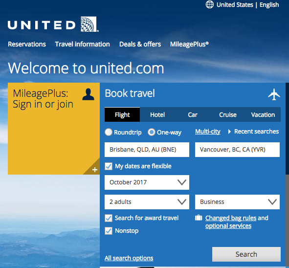 United website search flight