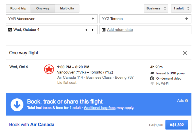 Google Flights search result