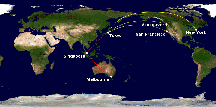 Sydney/Melbourne to North America via Singapore and Tokyo route map