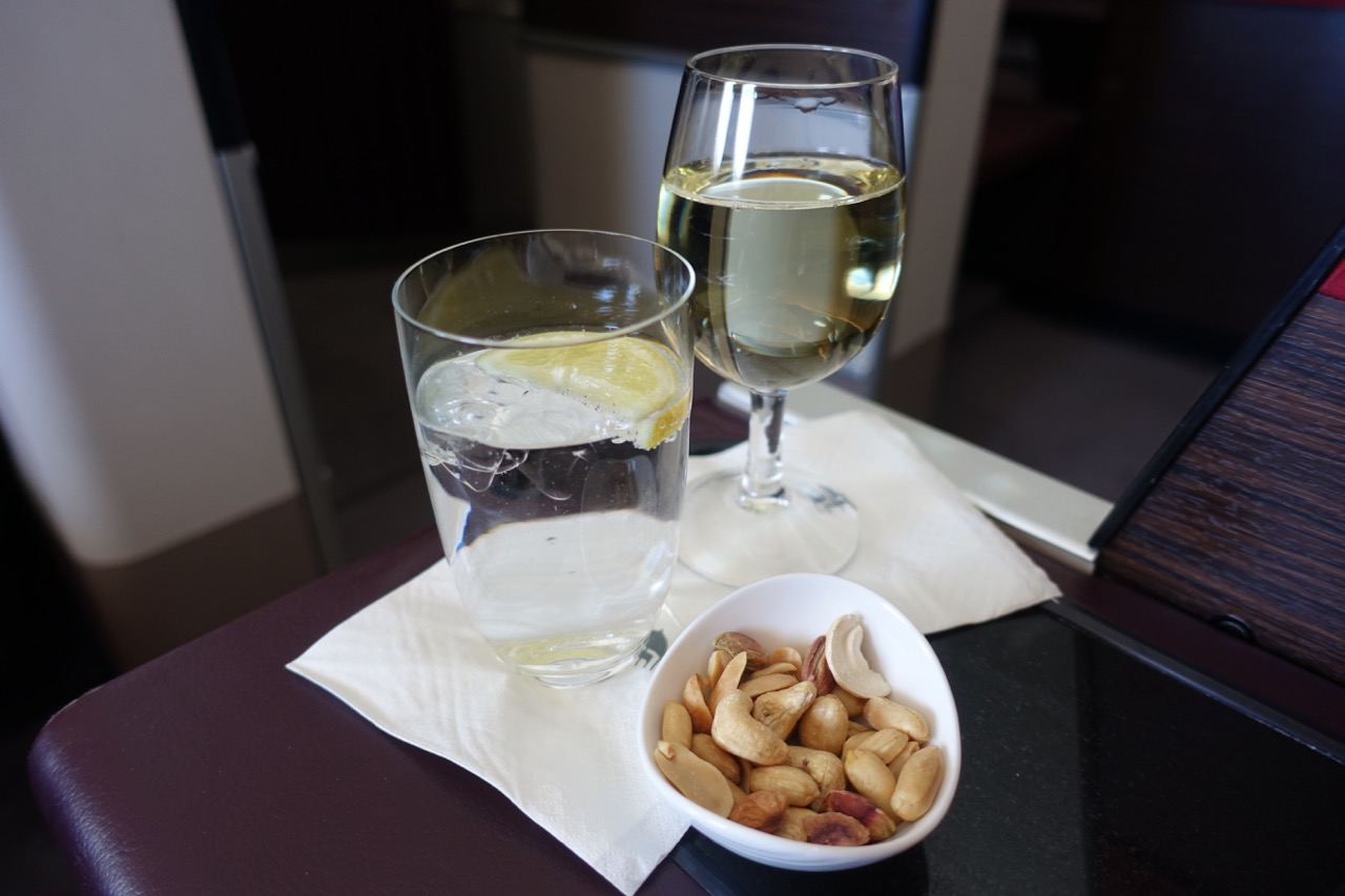 Malaysia Airlines A380 First Class wine and nuts