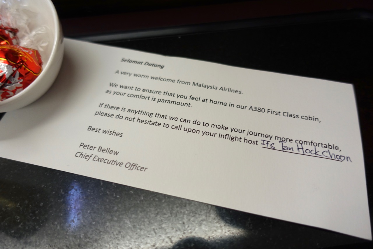 Malaysia Airlines A380 First Class welcome note