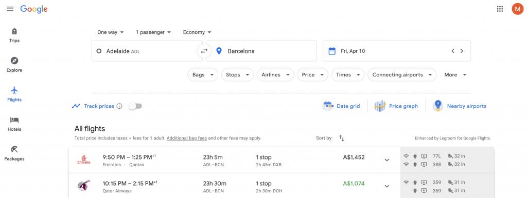 Google Flights Europe screenshot