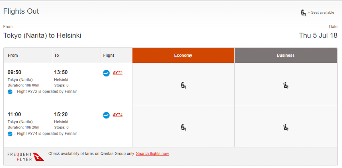 Qantas Frequent Flyer search flight result