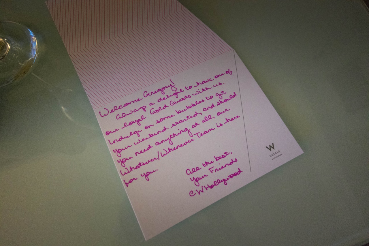 W Hotel Hollywood Marvellous Suite welcome note