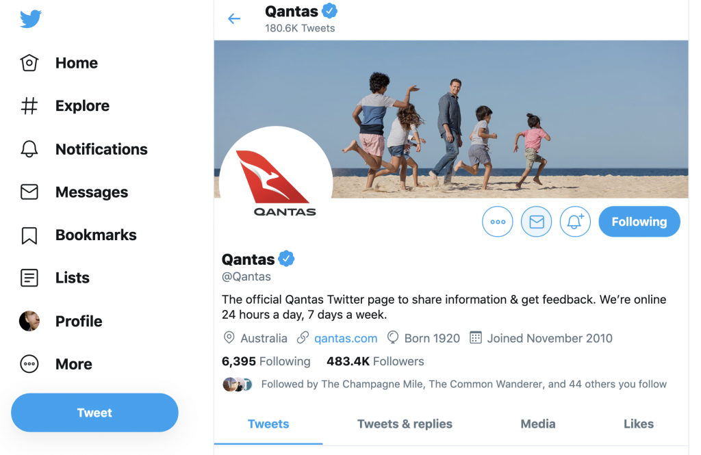 Qantas Twitter page