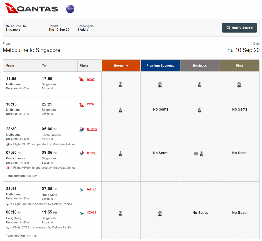 Search for flights using the Qantas website results