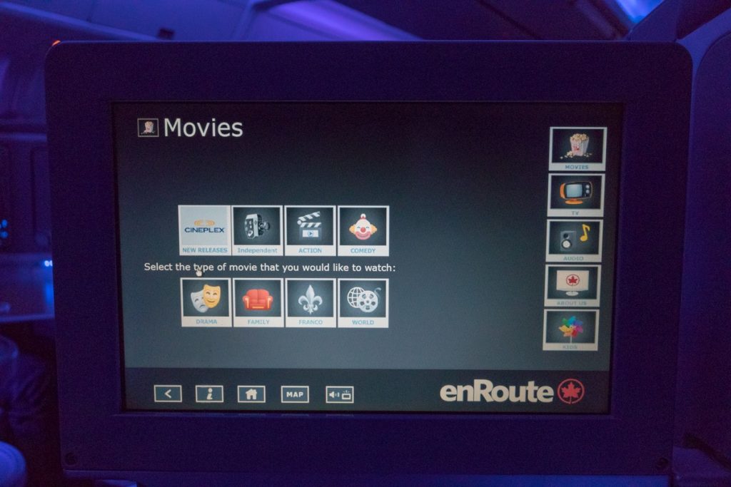 Air Canada Boeing 767-300 Business Class inflight entertainment screen