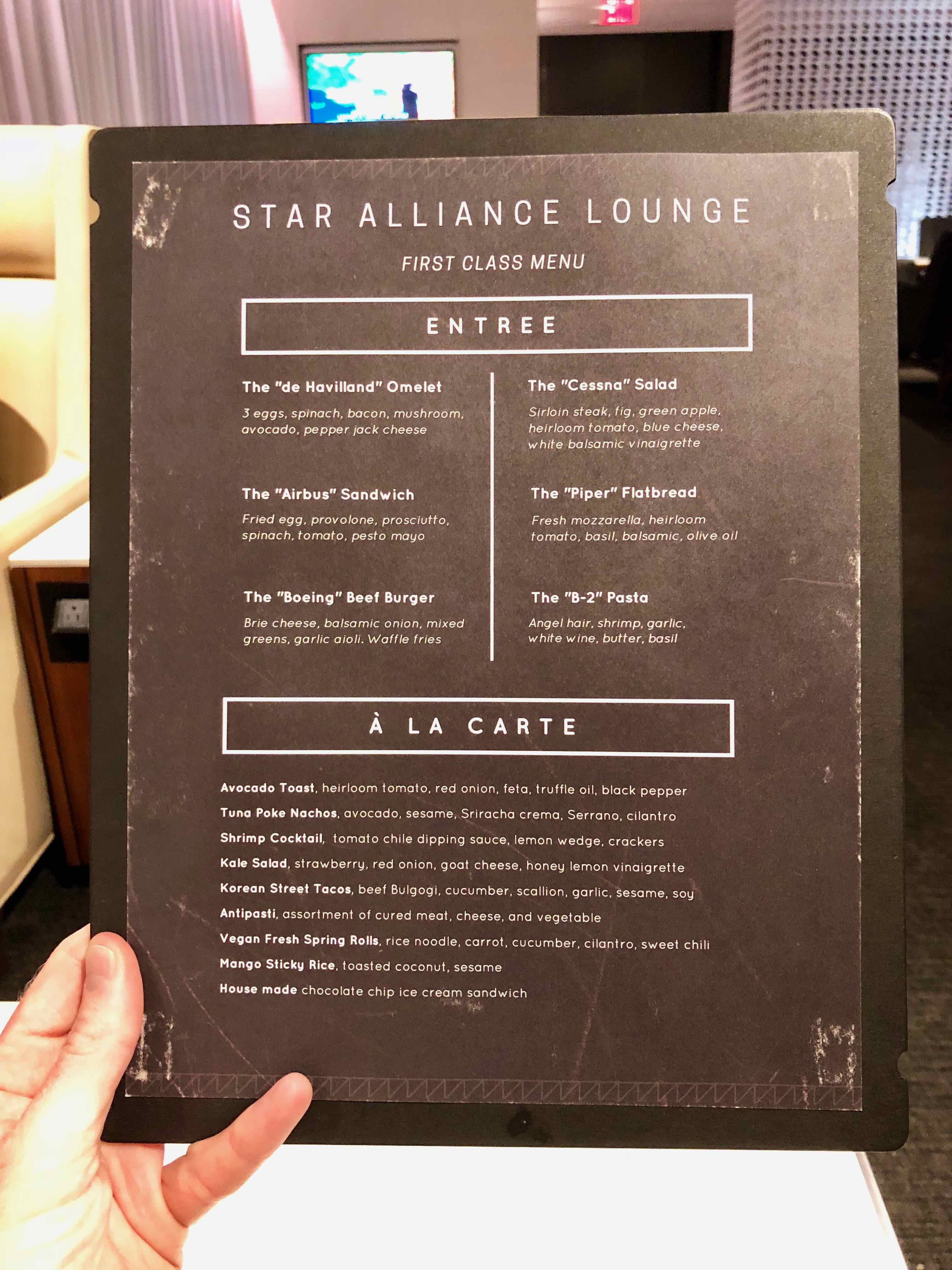 Star Alliance First Class LAX Lounge food menu