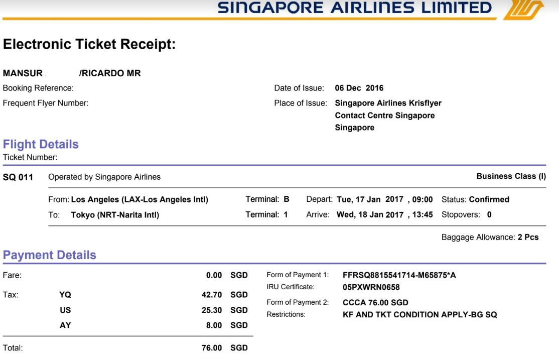 Singapore Airlines Eletronic Ticket Receipt