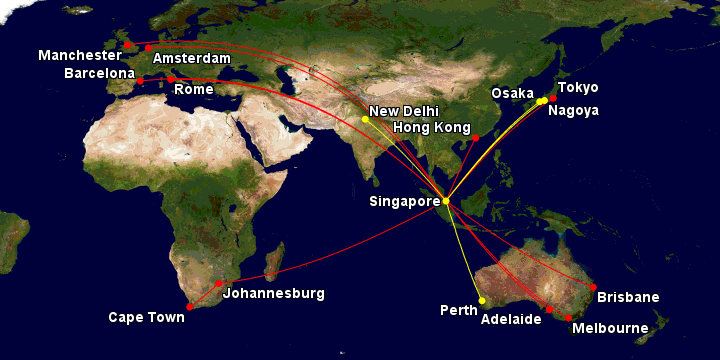 Current routes served by the A350-900 (red) and 787-10 (yellow)