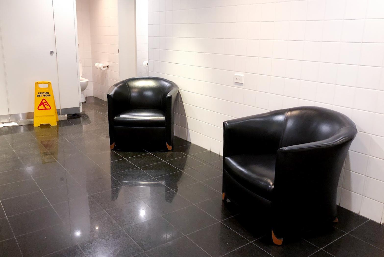 Qantas Club Sydney mysterious chairs in the bathroom