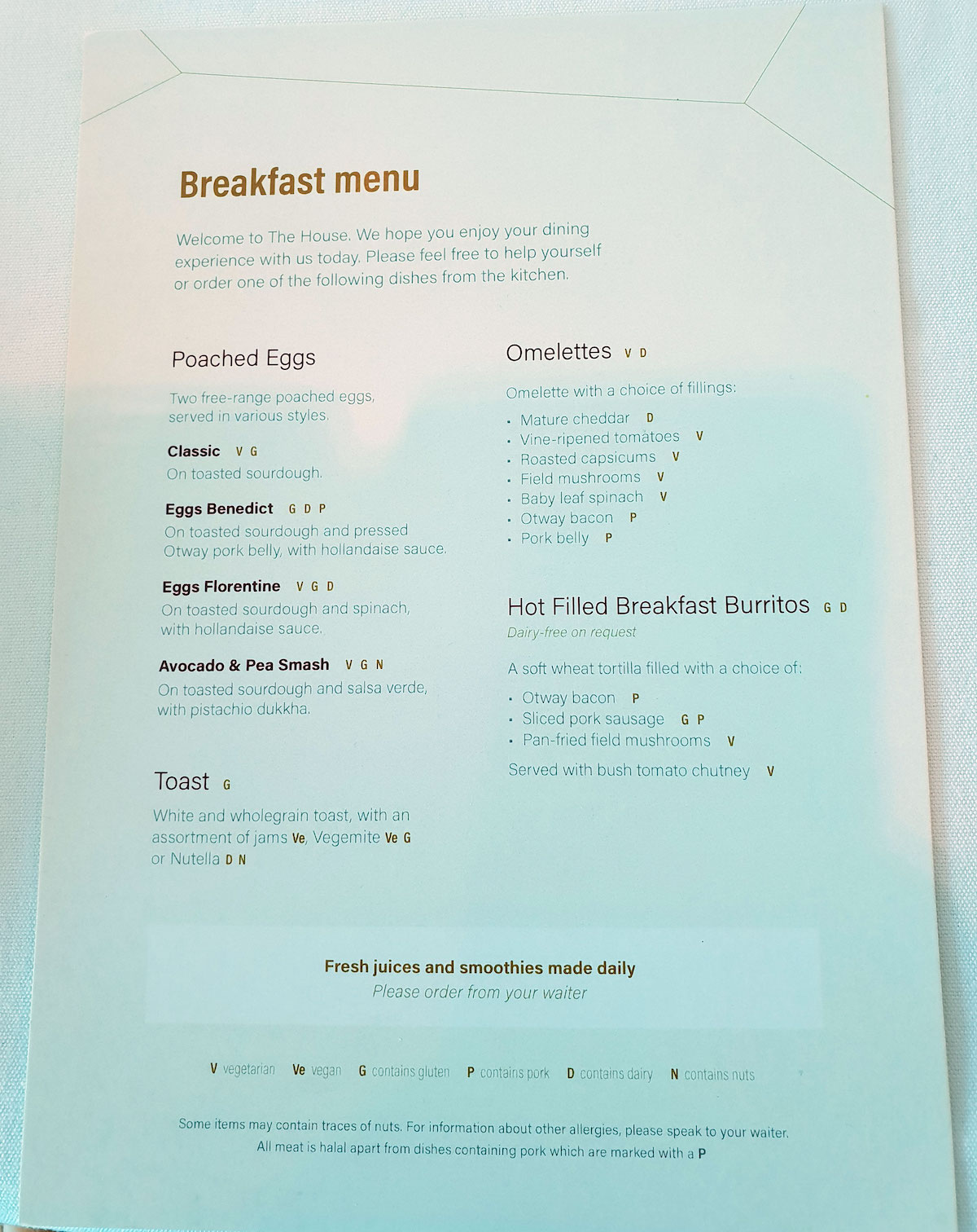 ‘The House’ Melbourne Lounge breakfast menu
