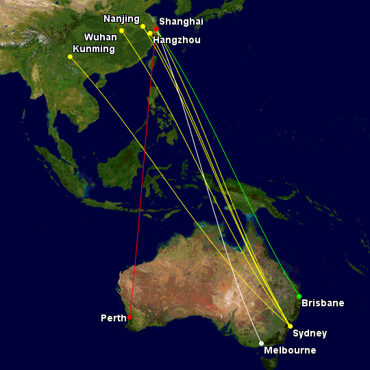 China Eastern routes from Australia as of October 2019