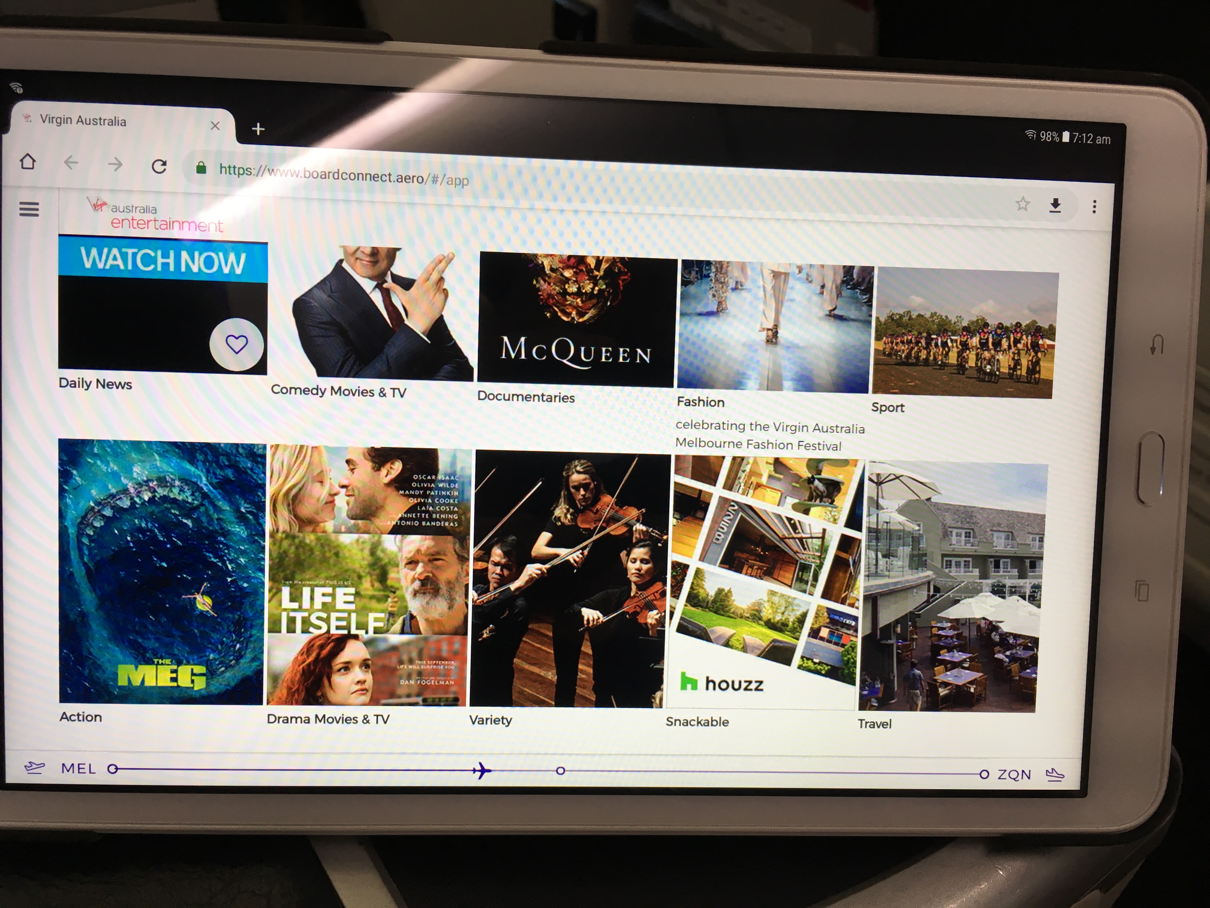 Virgin Australia Business Class inflight entertainment tablet