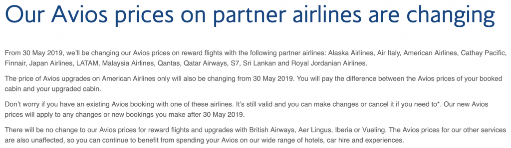 Changes to British Airways Avios May 2019