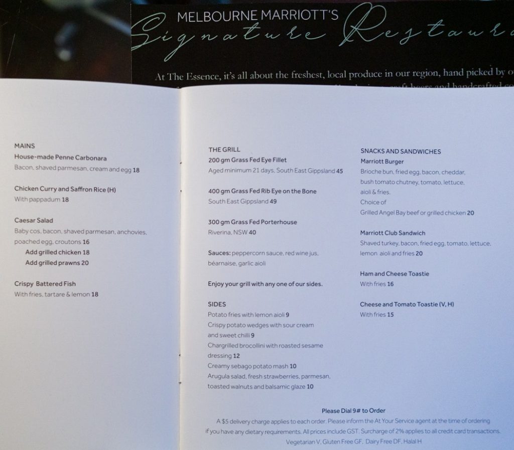 Melbourne Marriott Hotel King Suite in-room dining menu