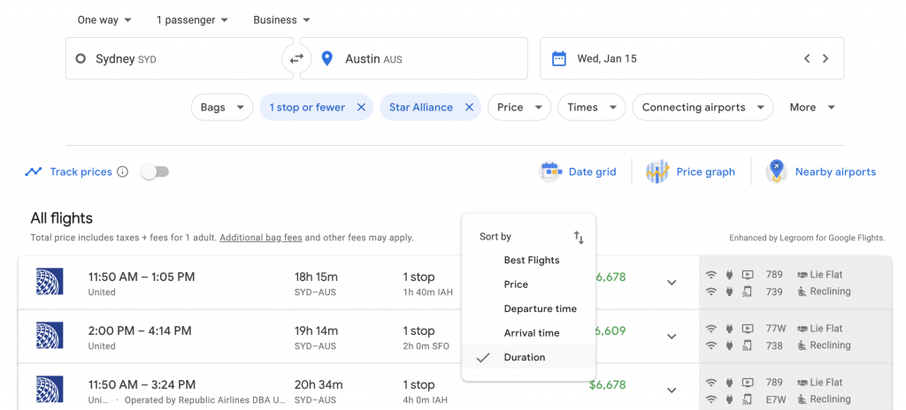 Case study United schedule change Google Flights results