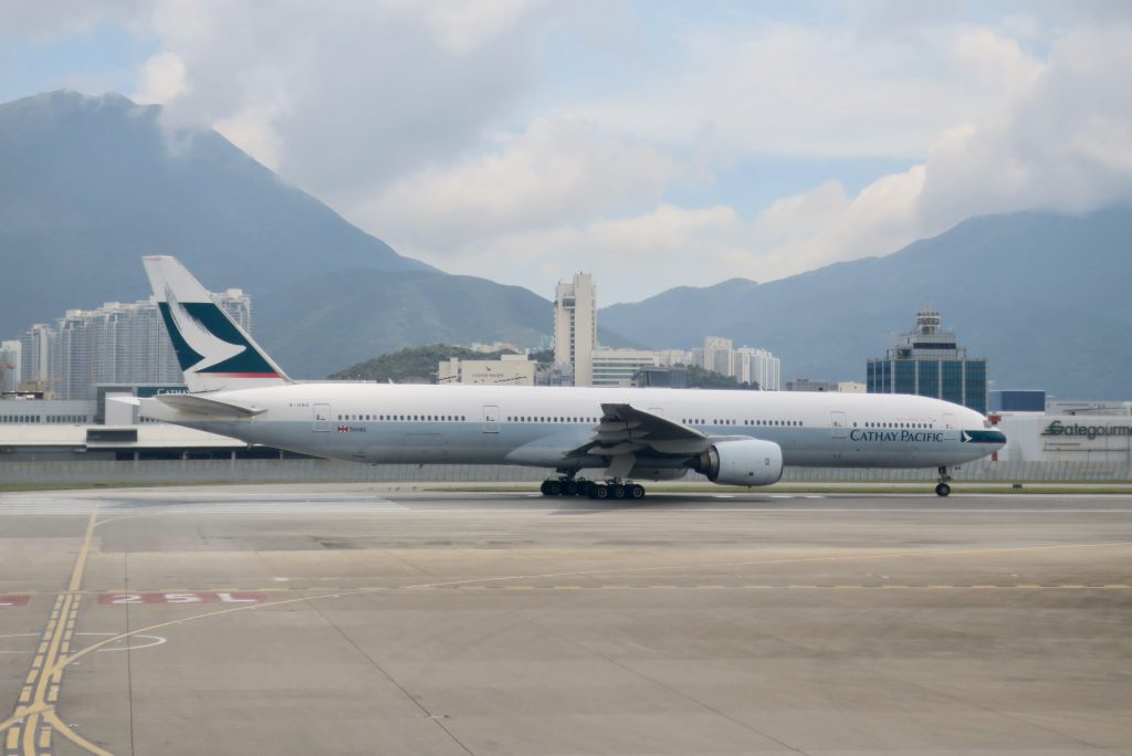 Cathay Pacific plane on tarmac at Hong Kong Airport