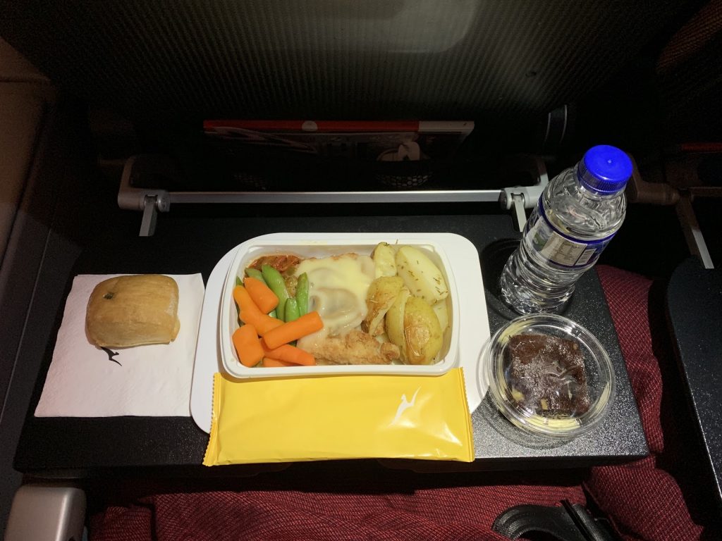 Qantas A380 Economy Parmesan Pork with veggies