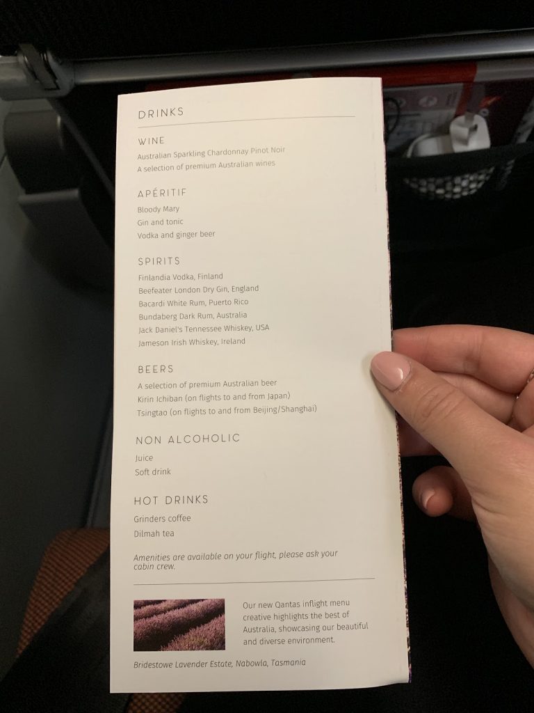 Qantas A380 Economy SIN-LHR drinks menu