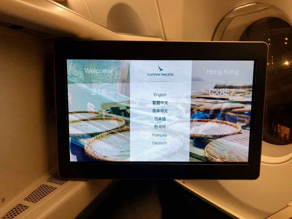 Cathay Pacific Business Class inflight entertainment screen