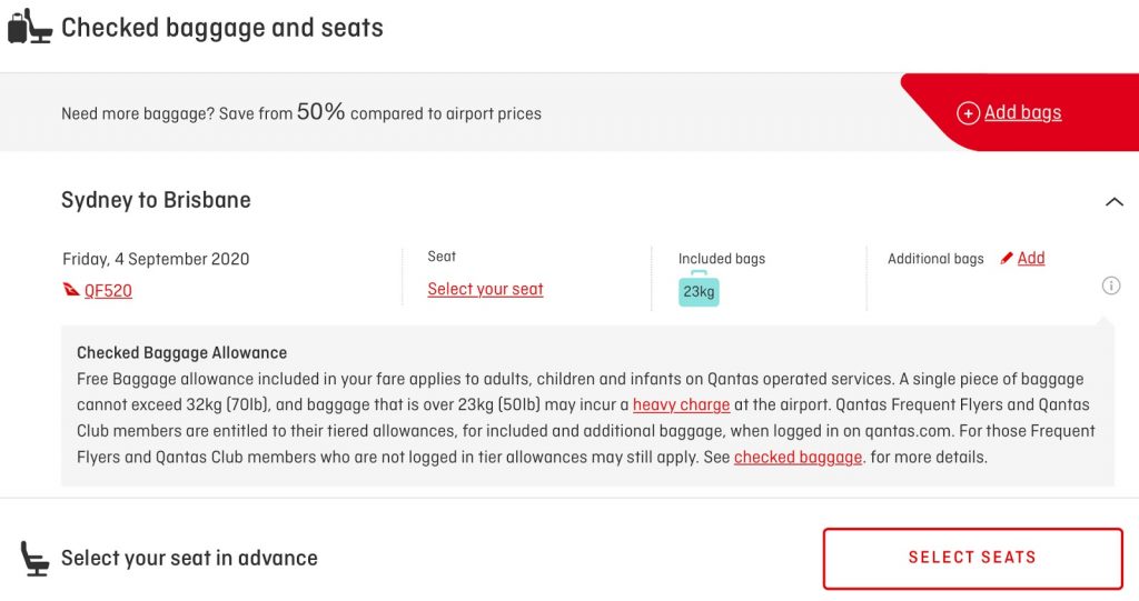 Qantas booking - selecting a seat