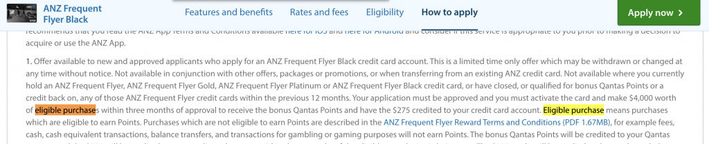 ANZ Frequent Flyer Black eligible purchases definition