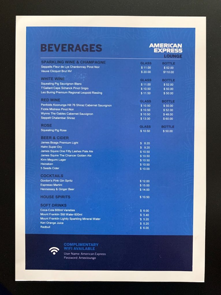 American Express Invites Qudos Bank Arena beverage menu