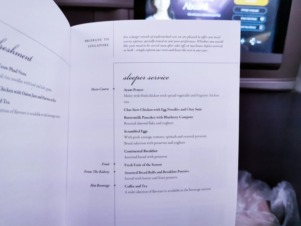 Singapore Airlines A350 Business Class - BNE-SIN menu