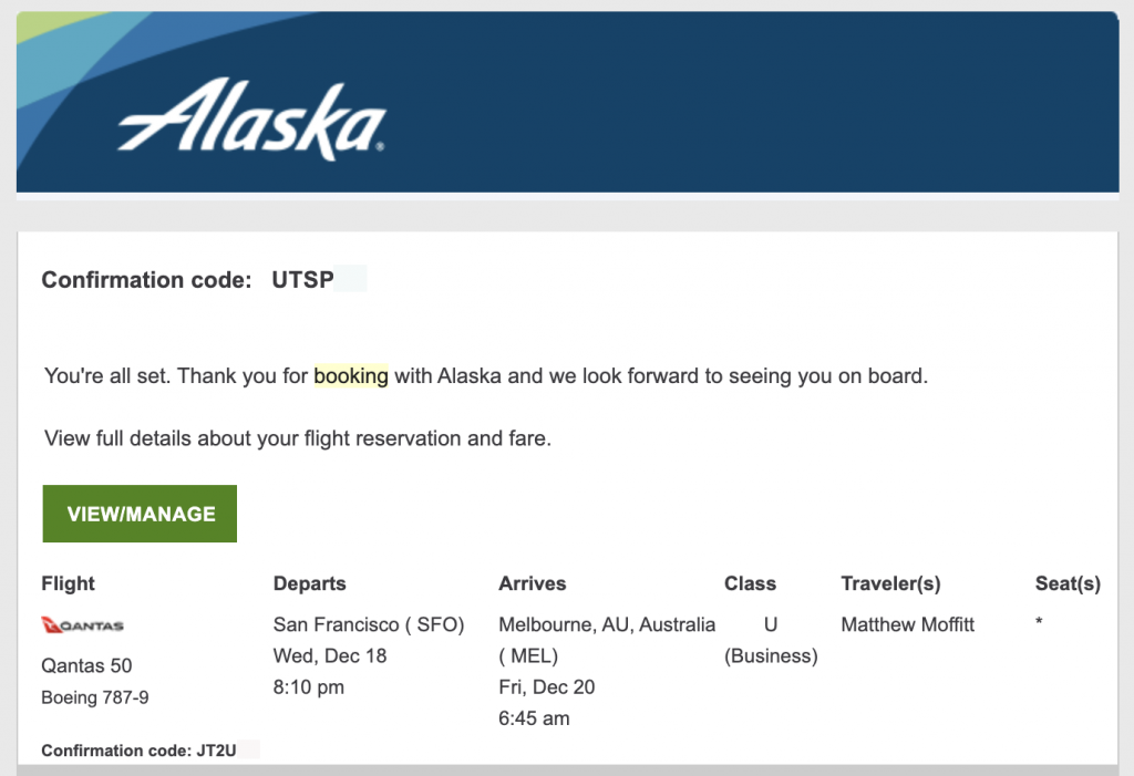 Alaska two booking reference numbers